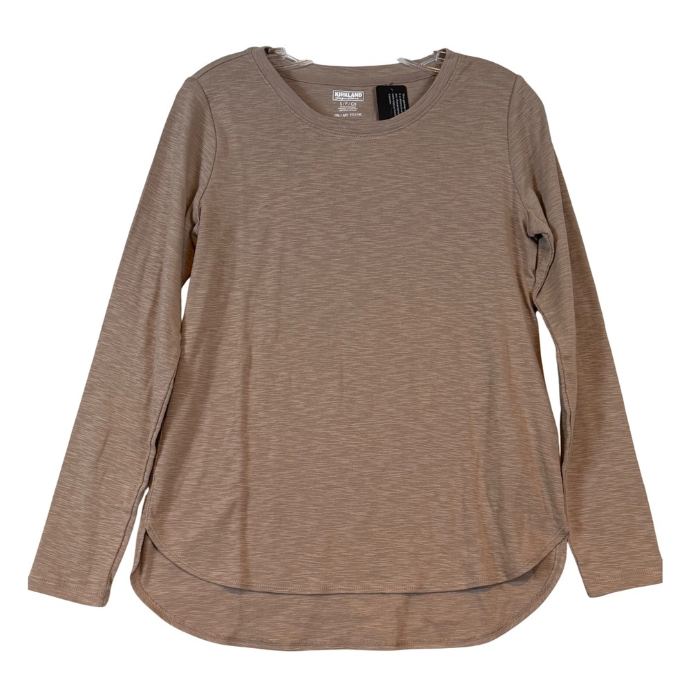 Kirkland Signature Womens Long Sleeve Crewneck Slub Tee Taupe Brown •S• Layering